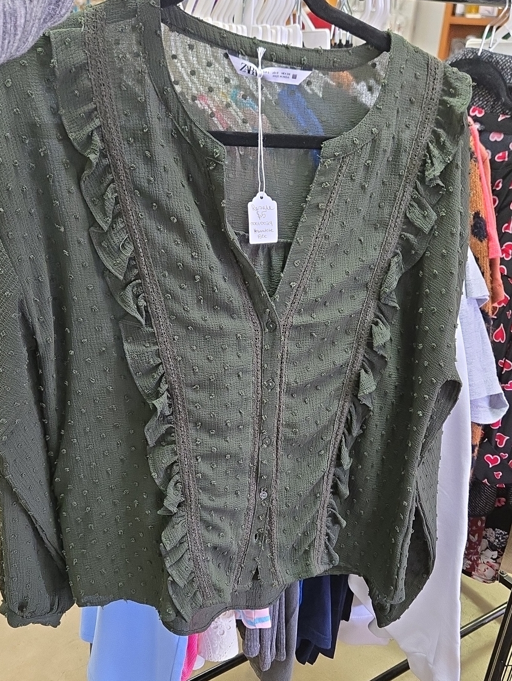 Zara Olive Green Ruffle Swiss Dot Blouse